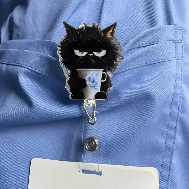 Cat & Cup Pattern Badge Holder, 2D Acrylic Badge Reel, Durable ID Card Holder for Nurse, Doctor, Medical Professional & Office Staff, Id Badge Holders Retractable, Badge Decoration, Badge Pins, Id Holders For Badges