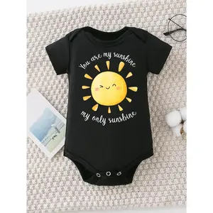 Cute Baby Bodysuit With You Are My Sunshine My Only Sunshine Print Soft Versatile Round Neck Button Detail Regular Fit All Seasons Knitted Fabric Onesie For 0-12 Months