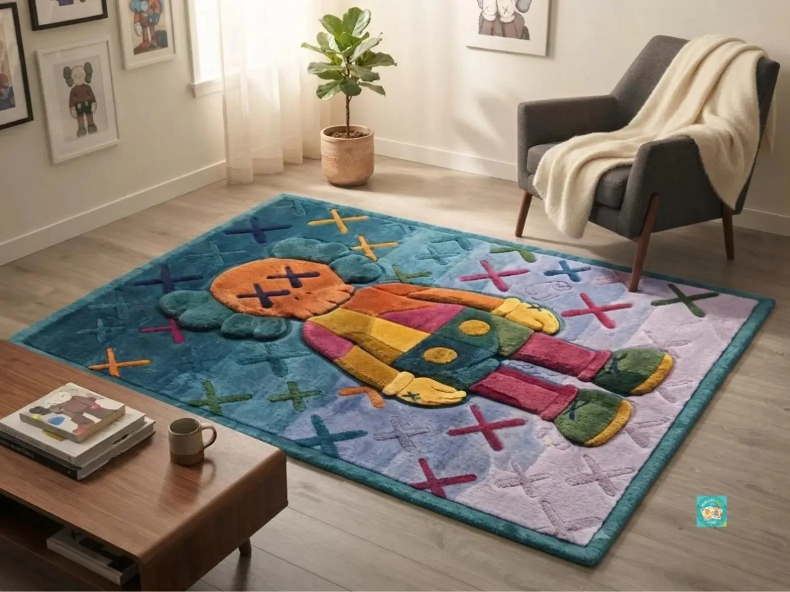 KAWS-Inspired Large Hand-Tufted Wool Area Rug, Street Art Decor for Home