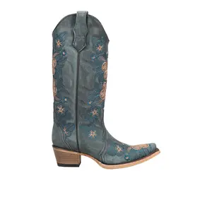 Corral Boots Womens Floral Embroidered Pull On Snip Toe  Casual Boots Mid Calf Mid Heel 2-3" - Blue