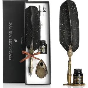 Vintage Black Feather Pen and Ink Set, Classic Series Goose Quill With Carving Stand, Calligraphy Nibs, Black Dip Ink, Antique Writing Gift for Writer