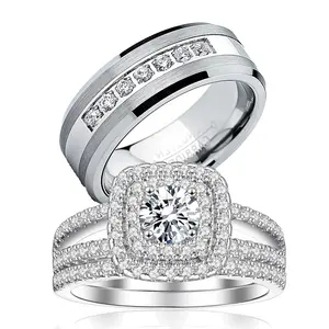 Couple Rings White Gold Plated 925 Sterling Silver Ring 1CT AAAAA CZ Women Wedding Ring Sets Men Wedding Band