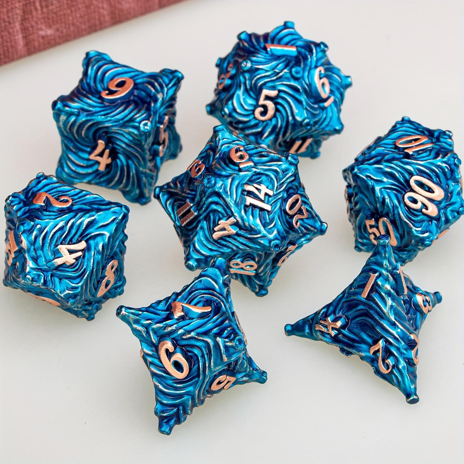 DND Metal Dice Set Blue Dungeons and Dragons Dice 7pcs Vortex Design D&D Dice Polyhedral Dice RPG D and D Role Playing Games Dice D20 D12 D10 D8 D6 D4