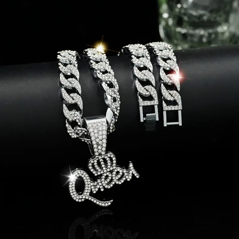 Unisex Vintage Bling Necklace with Queen Crown Pendant, Rhinestone Cuban Chain in Zinc Alloy, Adjustable for Parties, Valentine's Day, Geometric, Circumference21cm - 50Cm, Adjustable Size, Elegant, Alloy Chain, Chain & Link