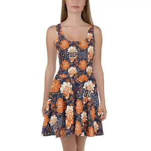 Bayou Babe Houston Gameday Dress - Navy & Orange Floral Sleeveless Skater Dress for Women - Casual Fit with Elastic Waistline & Flared Skirt - Perfect for Tailgates & Game Day