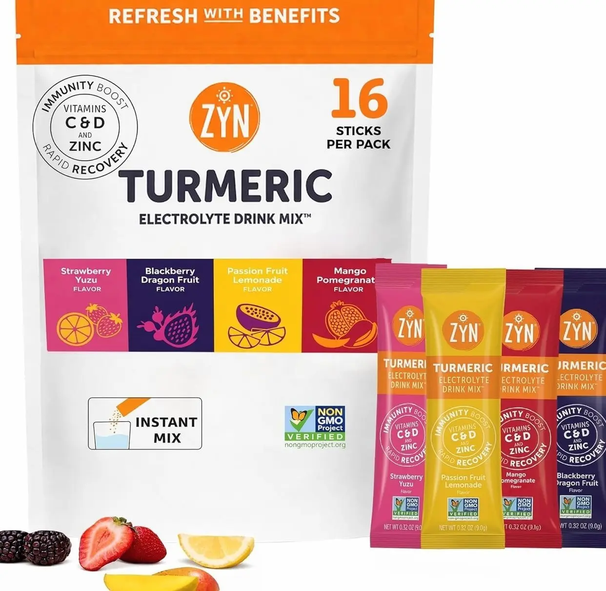 ZYN Electrolyte Drink Mix Hydration Packets, Electrolytes Powder, Hydration Packets w/Turmeric Curcumin, Vitamin C and D, Zinc, Hydrate Electrolyte Powder Packets for Wellness, Variety Pack of 16