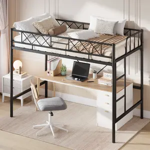 Twin Size Loft Bed with l Shaped Desk & Stairs, Metal Frame with 3 Fabric Storage Drawers, RGB LED Lights & Charging Station, 2 Open Shelves, No Noise, No Box Spring Needed