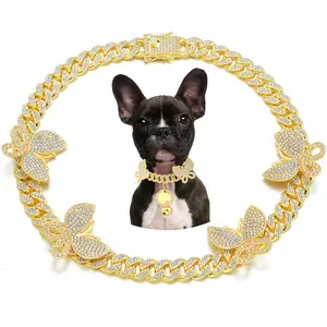 Gold Dog Collar with Bling CZ Diamond Butterfly 13mm Cuban Link Dog Cat Collar Design Dog Chain Collars Necklace for Small Medium Large Dogs