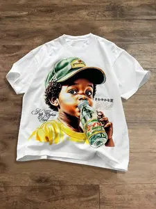 Cartoon boy print cotton short sleeved loose T-shirt for both men and women with dirty braids, European and American street fashion trend shirt, Streetwear, American retro short sleeved Y2K