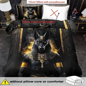 3-Piece Anubis Print Bedding Set, King/queen Size, Bedroom Decor, 2D Flat Print, 1 Duvet Cover, 2 Pillowcases, Zip Closure, Soft Bedding Set