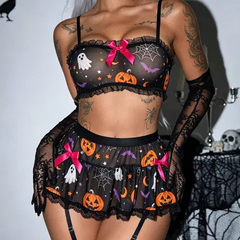 【Halloween Gifts】Women's 2-Piece Halloween Pumpkin Ghost Print Lingerie Set - Cute, Comfortable, Lightweight Fabric, Ruffle Trim Cami Top with Straps, Garter Skirt, Sheer Mesh Sexy Cosplay Intimate Outfit