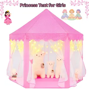 Pink Princess Castle Play Tent for Girls Age 3-8 with Star Lights – Hexagon Fairy Princess Play Tent, Portable Unisex Fairy Tale Castle Tent, Kids Indoor Playhouse Tent, Toddler Princess Toy Tent 55x53 Inch