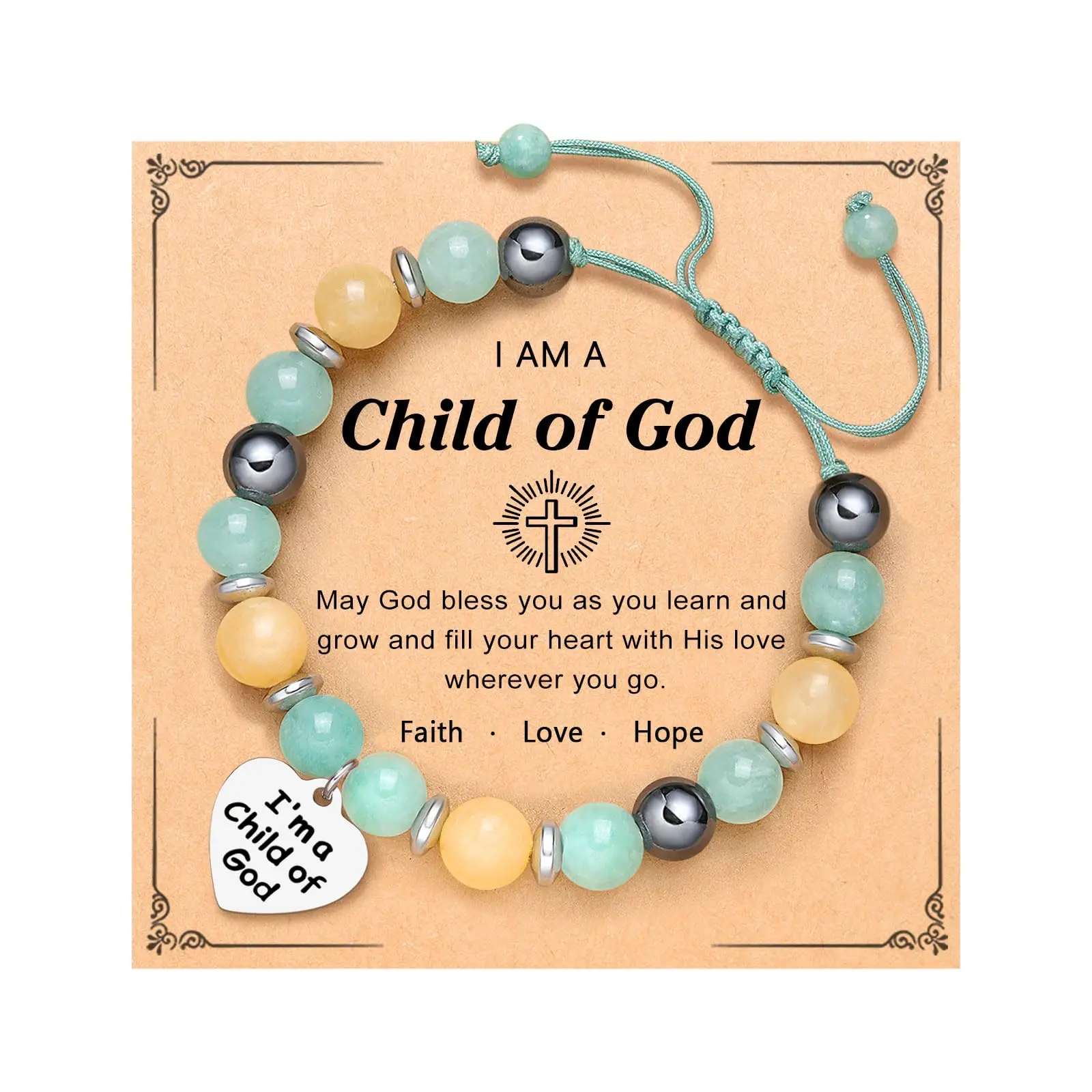 Natural Stone Bracelet with 'I Am a Child of God' Heart Charm, Inspirational Jewelry for Girls & Teens, Adjustable Christian Gift for Baptism & Confirmation, Bracelet Wristband, Inspirational Bracelet
