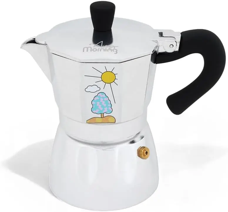 Any Morning Espresso Stovetop Moka Pot, 6 Cup Italian Coffee Maker, Aluminum, PBA Free, 8 Oz, 6 Expresso Cups Silver