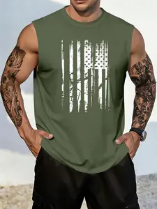 Men's Fashion Street Style Summer Round Neck T-Shirt, American Flag Print Sleeveless Vest, Daily Wear Gift Idea