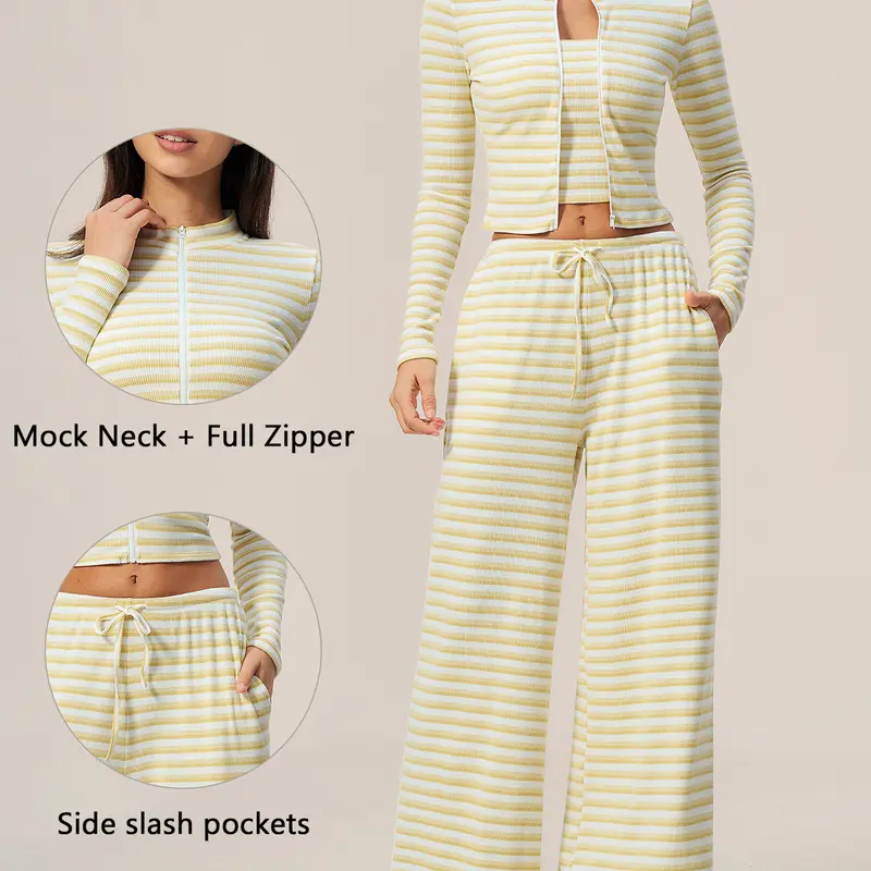 TIMEOFF Women's 2-Piece Striped Long Sleeve Sports Set - Mock Neck Full Zip Cropped Top, Drawstring Wide Leg Pants, Ribbed Comfortable Fabric, Side Slash Pockets, Loose Adjustable Fit, All Seasons Casual/Lounge Wear (matching sets)