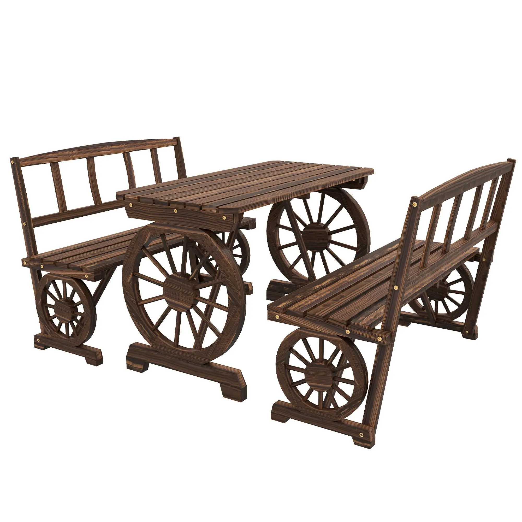 Outsunny 3-Piece Carbonized Pine Rustic Outdoor Furniture Set - 4-Seat Rectangle Slatted Dining Table with Large Drainage Slats, Wagon Wheel Benches, Waterproof, Assembly Required for Patio, Backyard