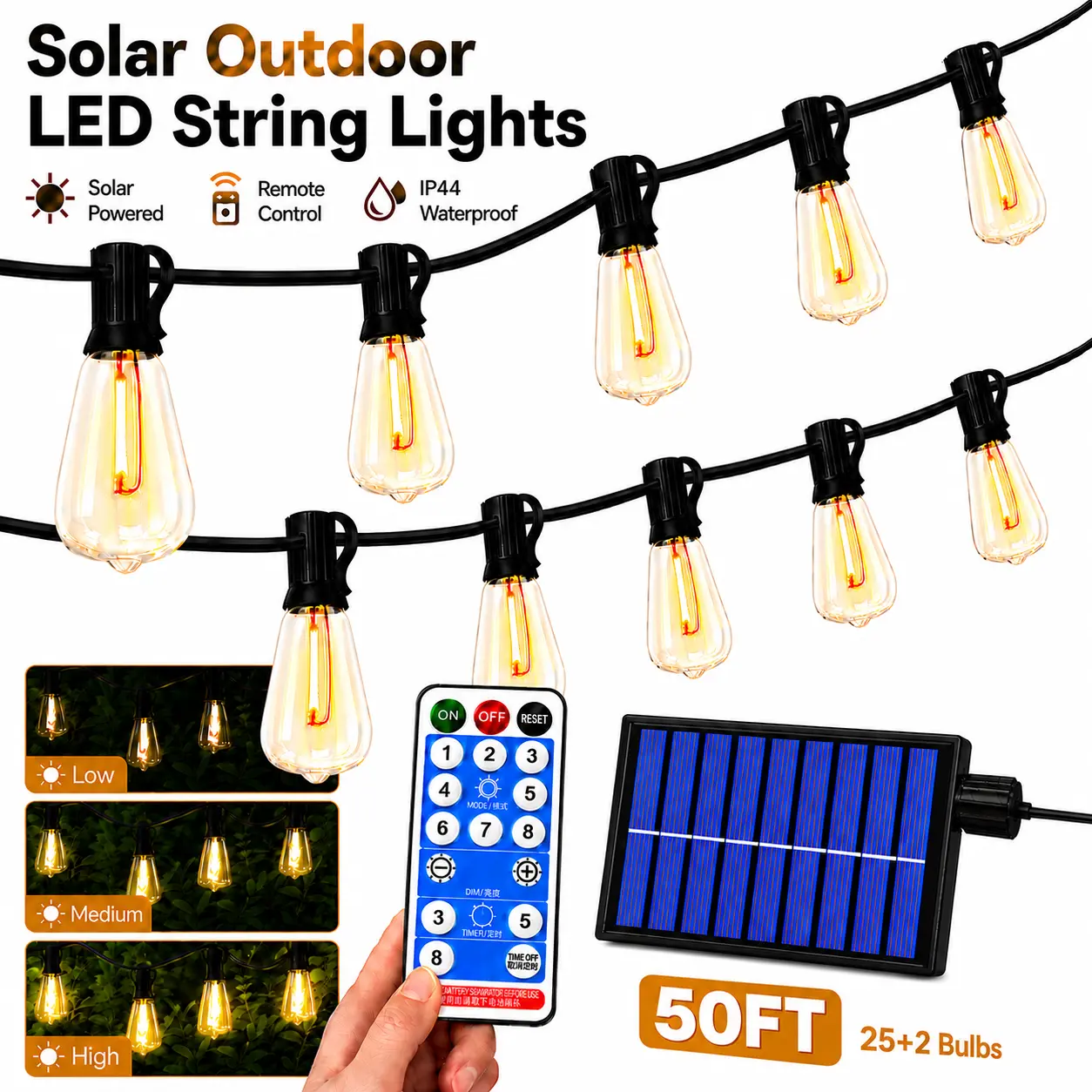 50FT Solar Outdoor LED String Lights, 25 ST38 Plastic Bulbs + 2 Spare Bulbs, Solar Panel & Remote Control Included, No Plug Needed, Patio Hanging Lights for Backyard, Garden, Porch, Deck, Balcony, Pergola, Gazebo & Camping