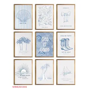 9-piece set, Coastal-themed Christian wall art; blue seashell poster; inspirational Bible verses; ocean, beach, starfish, and palm tree designs; vintage aesthetic; Christian decor; suitable for living rooms, bedrooms, and churches; frameless
