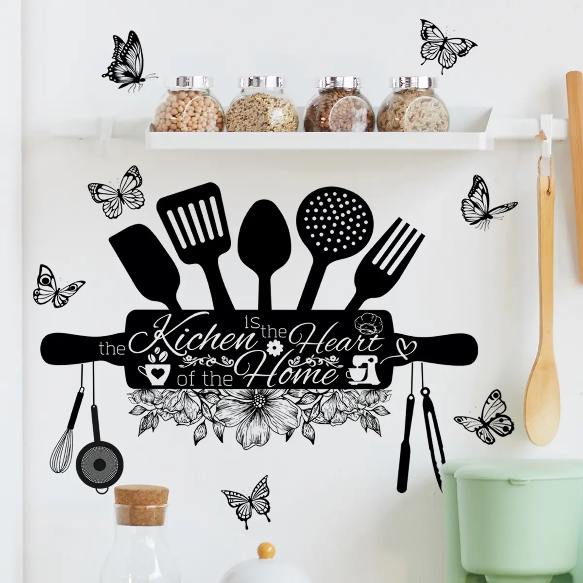 Hand-Drawn Kitchen Silhouette Butterfly Decorative Wall Sticker, Stick on Backsplash, 30x40cm Restaurant Background Decor, Ms4406-Zc, No Ca Prop 65 Warning