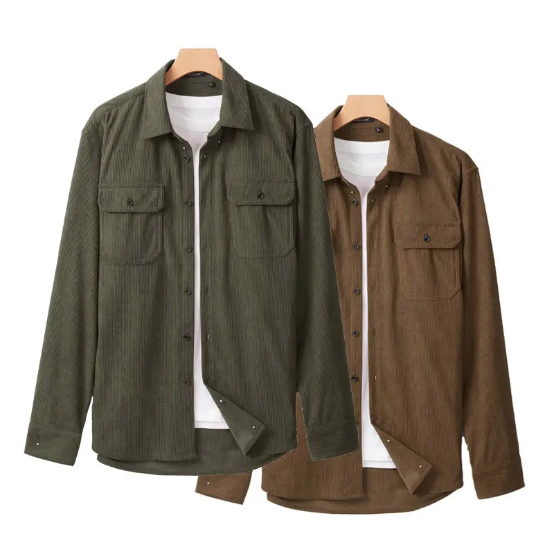 Men's 2-Pack Corduroy Button-Down Long Sleeve Shirts - Unique Texture Woven Fabric Collared Casual Tops with Flap Pockets, Apricot for Spring, Fall Fashion Basic Outfits, Long Sleeve Shirt