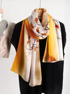 1PC Women's 170×53cm 100% Mulberry Silk Long Scarf Shawl, Yellow Orange Leaf Pattern, Premium Romantic & Elegant, All-season Versatile, Gift-wrapped, Perfect Gift for Valentine's Day, Christmas & Mother's Day