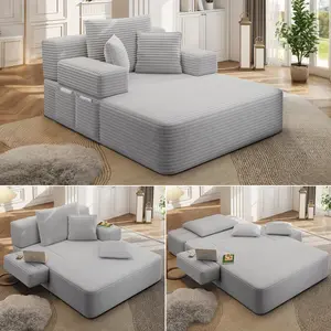 Convertible Chaise Lounge Sofa Bed, Plush Corduroy Frameless Design with 3 Pillows & Storage Pocket, Compression Foam Couch for Small Spaces, Living Room, Apartment