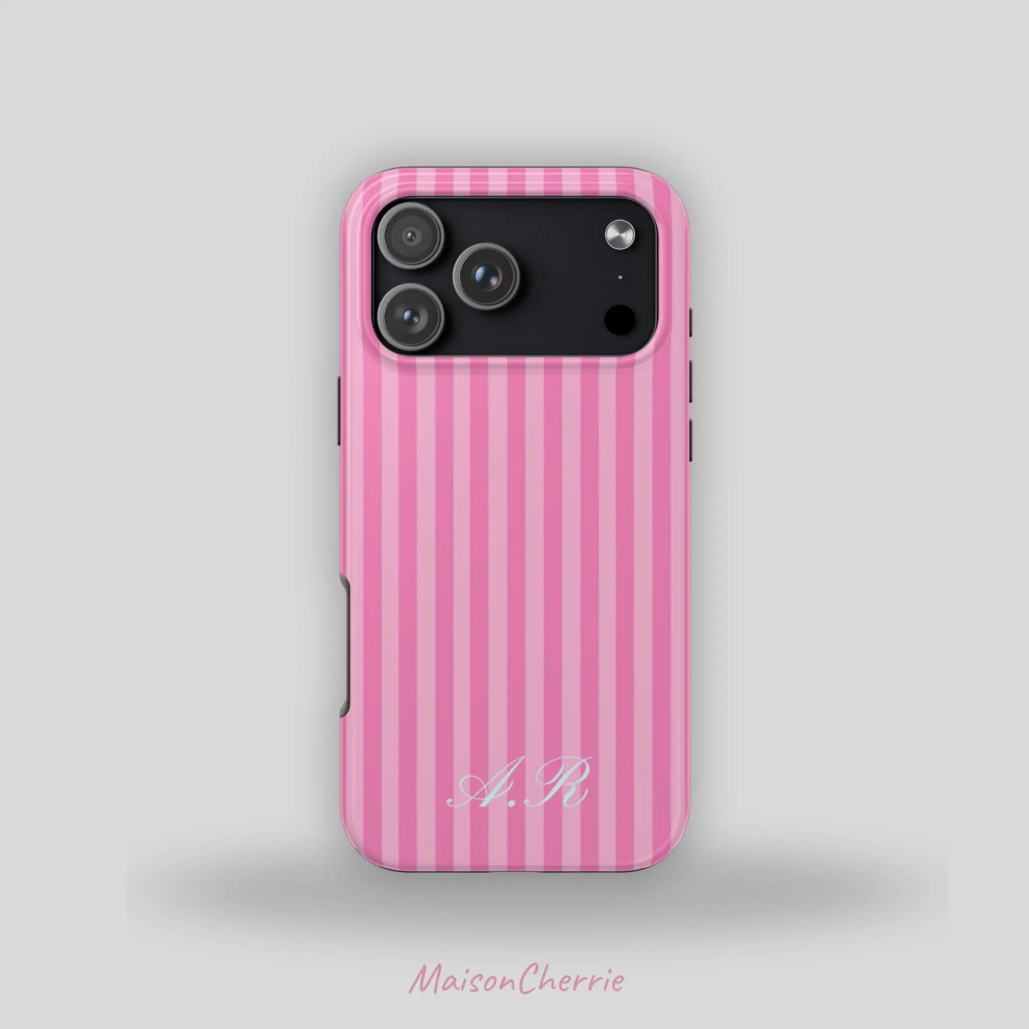 Durable Protective Shockproof Pink Striped Monogram Phone Case, Personalized Custom Initial Cover for iPhone, Accessories