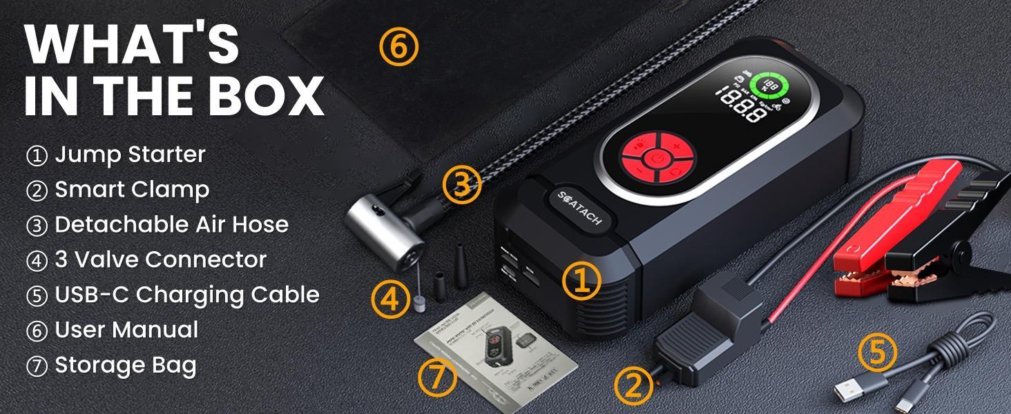 6000A Jump Starter with Air Compressor, Car Battery Jump Starter Portable (10.0 Gas/10.0L Diesel), 150 PSI 12V Car Battery Jump Box with Tire Inflator, Jumper Cables, LED Light, LED Display