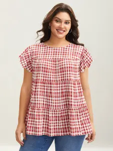 【Summer Turn-Up】BlOOMCHIC Plus Size Plaid Print Textured Lotus Leaf Sleeve Shirt Casual Round Neck Breathable Comfortable Regular Blouse Summer Crimson Greenbean LightBlue Ruffle Cap Sleeve Top [M-6X] 2026 Summer Pick for Mother's Day