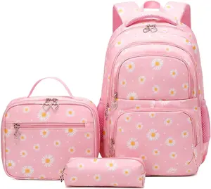 3 count Daisy Backpack for Girls with Lunch Box  School Bag with Lunch Bag Bookbag for Elementary School