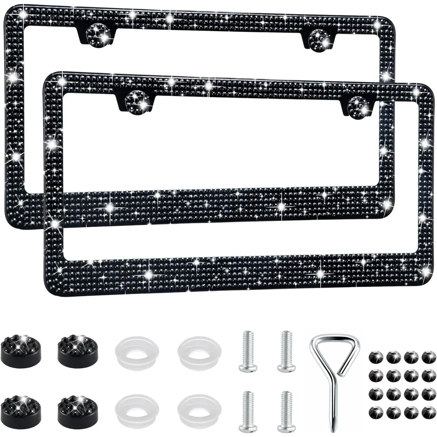 Bling License Plate Frames for Women, 2 Pack Handcrafted Sparkly Rhinestone  Accessories,  Stainless Steel Frame with 1000+ Faceted Glass  & Free Glitter Caps (Black)