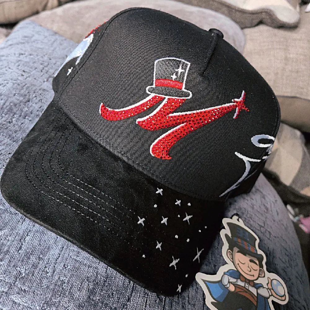Stylish Black Trucker Hat with Red Sequin Design and Top Hat Embroidery for Trendy Outfits