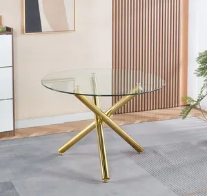 Golden Dining Table with metal leg and glass,Modern Space Saving Kitchen Table for Living Room,110X110X75CM