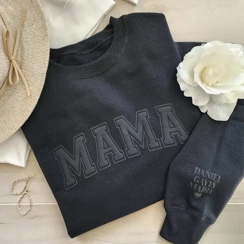Mama Custom Sweatshirt with Puff Lettering, Personalized Kid Names on Sleeve, Mother’s Day Gift