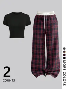 Women's Slim Fit Crop Top & Plaid Pants Set, Casual Streetwear, Short Sleeve Fitted Graphic Tee, Long Pants, All Seasons Fashion, Womenswear