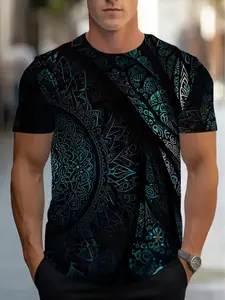 Men's Turquoise Tribal Print T-Shirt, Short Sleeve Round Neck, Soft Breathable Fabric, Casual Holiday Wear, Bohemian Style Clothing