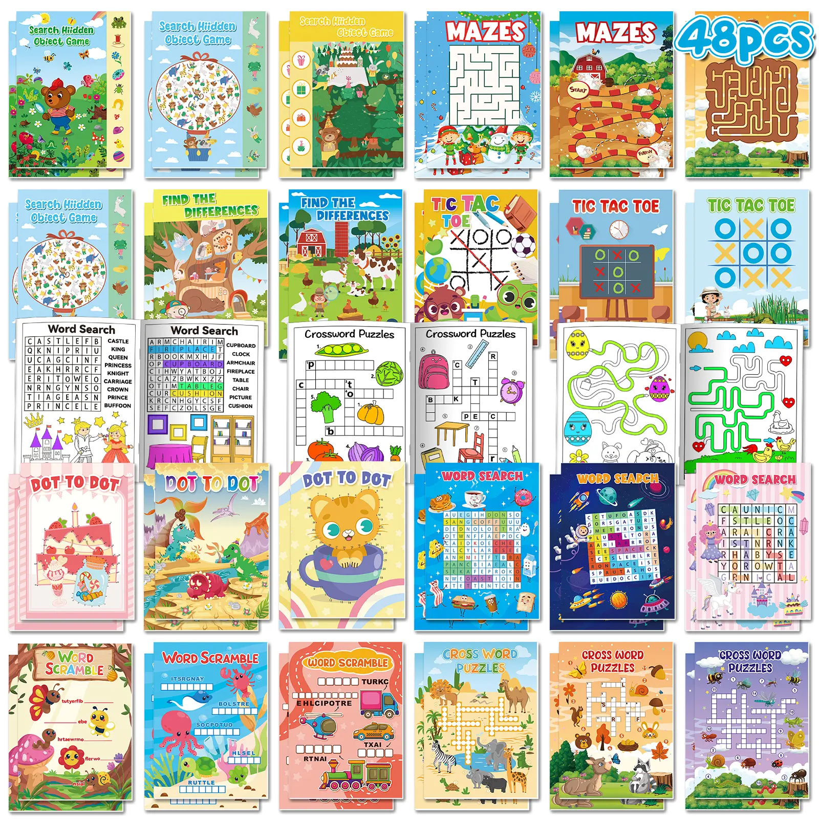 48 Pack Mini Kids Activity Pad, Party Favors Bulk with Mazes, Dot to Dot, Word Search, Word Scramble and Fun Activities, Classroom Prizes, Birthday Goodie Bag Stuffers, Halloween and Christmas Gifts