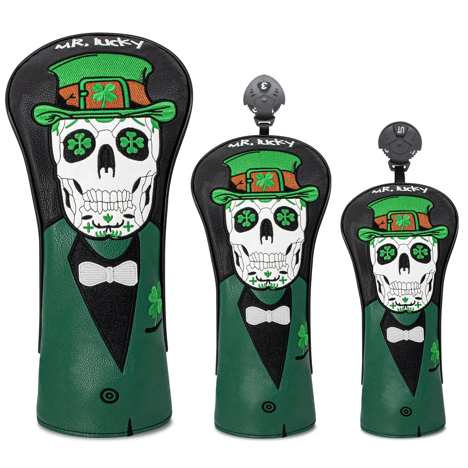 Golf Head Covers Set, Skull & Four-Leaf Clover Design, 4-Piece PU Material, Fits Most Brands, Durable & Stylish Accessory, Golf Gear, Golf Accessories