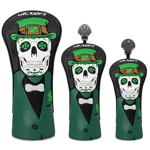 Golf Head Covers Set, Skull & Four-Leaf Clover Design, 4-Piece PU Material, Fits Most Brands, Durable & Stylish Accessory, Golf Accessories