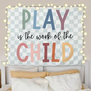 Playroom Tapestry, Play Room Decor, Play Is the Work of the Child Green Checkered Wall Tapestry Backdrop for Cotton-Polyester Blend Kids Room  Playroom Decoration, 50x60 Inch