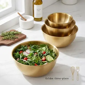 3-Piece Golden Stainless Steel Mixing Bowls Set, S/M/L Nesting Bowls with Scale, Durable Metal Prep Bowls for Baking, Cooking & Food Storage