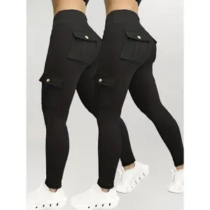 2pcs Women's High-Waisted Pocket Cargo Leggings - Quick-Dry, Stretchy Polyester/Elastane Blend, Ideal for Running, Yoga & Gym Workouts, Machine Washable, Plus Size LeggingsGiftGift