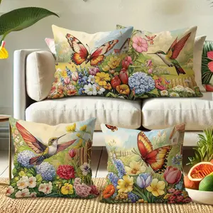 4 Spring Bedside Pillowcases, Floral Hummingbird Butterfly Soft Decorative Pillowcases, Single-Sided Printing, Summer Living Room Bedroom Decoration, Zipper Closure, Machine Washable, Polyester, Home Textile