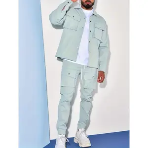 Two-Piece Beige Comfort Fit Men's Casual Set, Multiple Pockets Work Jacket And Jogger Pants Combo For Spring Fall Winter