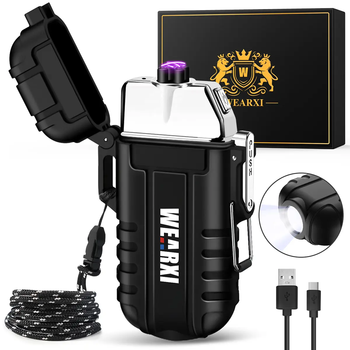 【Cool Gadgets Gift】Rechargeable IP56 Waterproof Electric Arc Lighter with 3-Mode Flashlight - Windproof Plasma Lighter for Camping, Hiking | Unique Practical Gift for Men, Husband