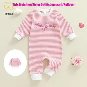 Girls Matching Sister Outfits Toddler Girls Stripe Sweatshirt Stylish Letter Bow Embroidery Casual Crew Neck Long Sleeve Jumpsuit/Pullover