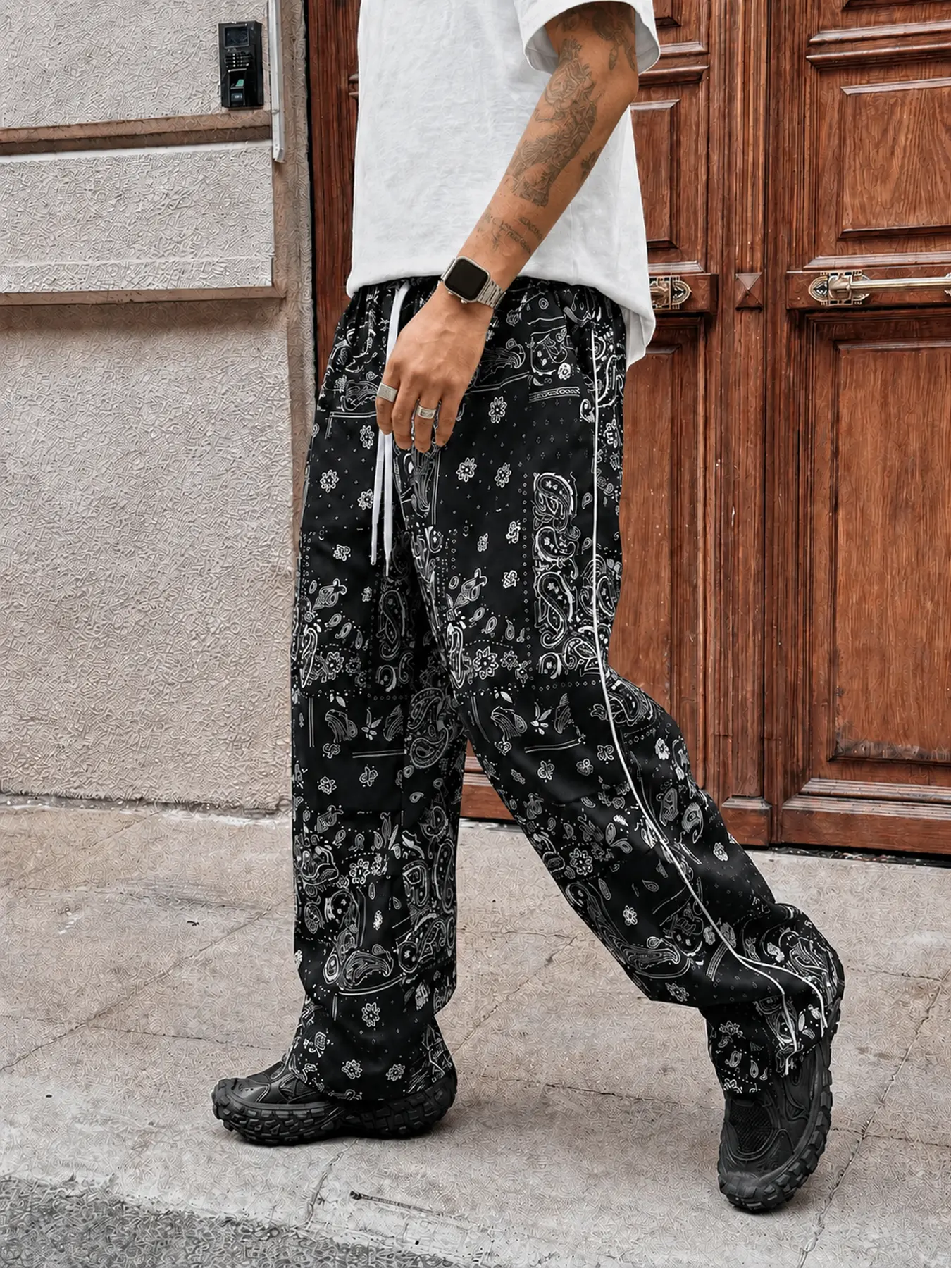 Men's Paisley Bandana Pants - Chic, Preppy, Minimalist Modest Basics Baggy Wide-Leg Drawstring Streetwear Track Pants, Sporty Chic, Holiday, Mid Waist, Ankle Length, Regular Leg Men's Pants, Machine Washable Men's Pants