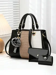 3-piece women's handbag set, crocodile pattern leather women's bags with pom-pom pendants, large-capacity tote bags available in multiple colors, shoulder and crossbody bags suitable for various occasions, ideal gift, Fashionable handbag