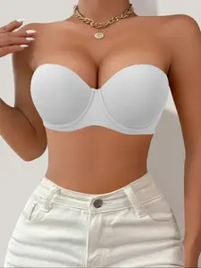 Women's Solid Color Removable Push Up Strapless Bra, Comfortable Breathable Half Cup Bra, Minimalist Women's Lingerie Underwear for All Seasons, Clothing